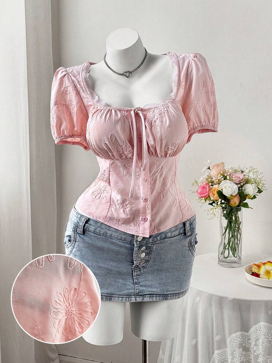 Sweetra Áo kiểu nữ cỡ lớn phong cách Pháp cổ điển lãng mạn, tay phồng, màu trắng, thêu ren, phối nhiều mảnh, ôm sát, kiểu tay đèn lồng, thích hợp cho các dịp thường ngày, công sở, du lịch, đi học, tiệc sinh nhật, lễ hội âm nhạc, ngày Valentine, mùa xuân/hè. - Hồng - Xem 1