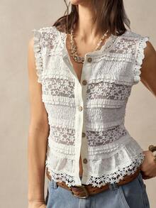 Bohemela Camisa de mujer casual de punto de unicolor con parches de encaje - Albaricoque - Ver 4