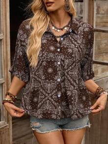 LanaWest 女士休闲印花蝙蝠袖单排扣褶裥衬衫 - 棕色 - 查看 9