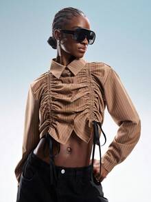 Aveloria GENKIRA Caramel Brown Drawstring Ruched Long Sleeve Shirt, Versatile Transformable Top, Urban Vintage Style, Suitable For Commuting And Casual Wear - Khaki - View 7