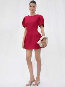BELROSIE Italian Style Tulip 3D Short Sleeve Round Neck Peplum Hem Split Skirt Women Short Princess Dress - Red - View 4
