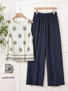 Rusticease Women's Geometric Print Sleeveless Top And Wide Leg Pants 2 Pieces Set, Casual Vacation Style, Spring/Summer Outfits  Party Outfit Elegant Sets Casual Graphic Sets For Women Sleeveless Patterned White Top And Navy Blue Trousers Party Outfit Vacation Outfits Women 2 Piece Casual Sets Casual 2 Piece Set Women Women Clothing Sets Summer 2 Piece Sets - Multicolor - View 3
