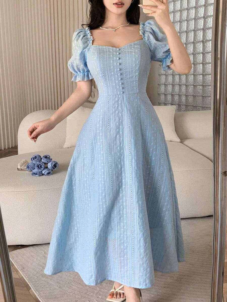 Feyla Nouvelle arrivée Robe de vacances élégante à taille cintrée avec broderie française rétro abondante en forme de ligne A