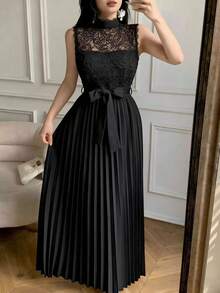 Celisse White Lace Patchwork Pleated Elegant Dress For Women - Black - View 4