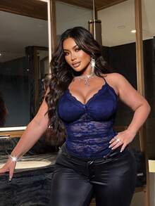 Sweetra 大码女式V领蝴蝶结蕾丝拼接优雅复古可爱薄纱吊带背心 - 藍色 - 查看 6