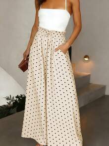 Pariaura 女士法式优雅复古焦糖棕色波点阔腿裤——轻松打造休闲夏日办公室造型 | 高腰抽绳设计，修身显瘦 | 雪纺垂坠质感，尽显休闲优雅 - 杏色 - 查看 3