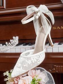 CUCCOO HITCHD 尖头蕾丝蝴蝶结高跟鞋 婚礼派对 优雅透气 女士高跟鞋 - 白色 - 查看 6