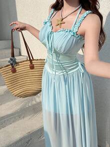 K-Vae Korean Style Light Blue Off-Shoulder Spaghetti Strap Maxi Dress Women's Sweetheart Neck Ruched Slim-Fit Long Dress Summer Vacation Beach Streetwear - Aqua Blue - View 4