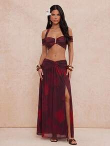 Lumalex 露背扎染柔软网纱超短低腰V领喇叭长连衣裙，2件套女装 - 紅色 - 查看 15