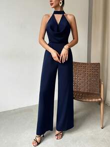 Firerie Women's Elegant Navy Blue Summer Night Out Deep V Plunging Neck Backless Cinched Waist Wide Leg Jumpsuit, Date Party Beach Vacation - Navy Blue - View 7