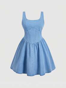 Sweetra Đầm ngắn denim nữ, đầm xanh dương dáng suông cổ điển dây mảnh, cỡ lớn, thích hợp cho mùa xuân và hè. - Rửa nhẹ - Xem 1