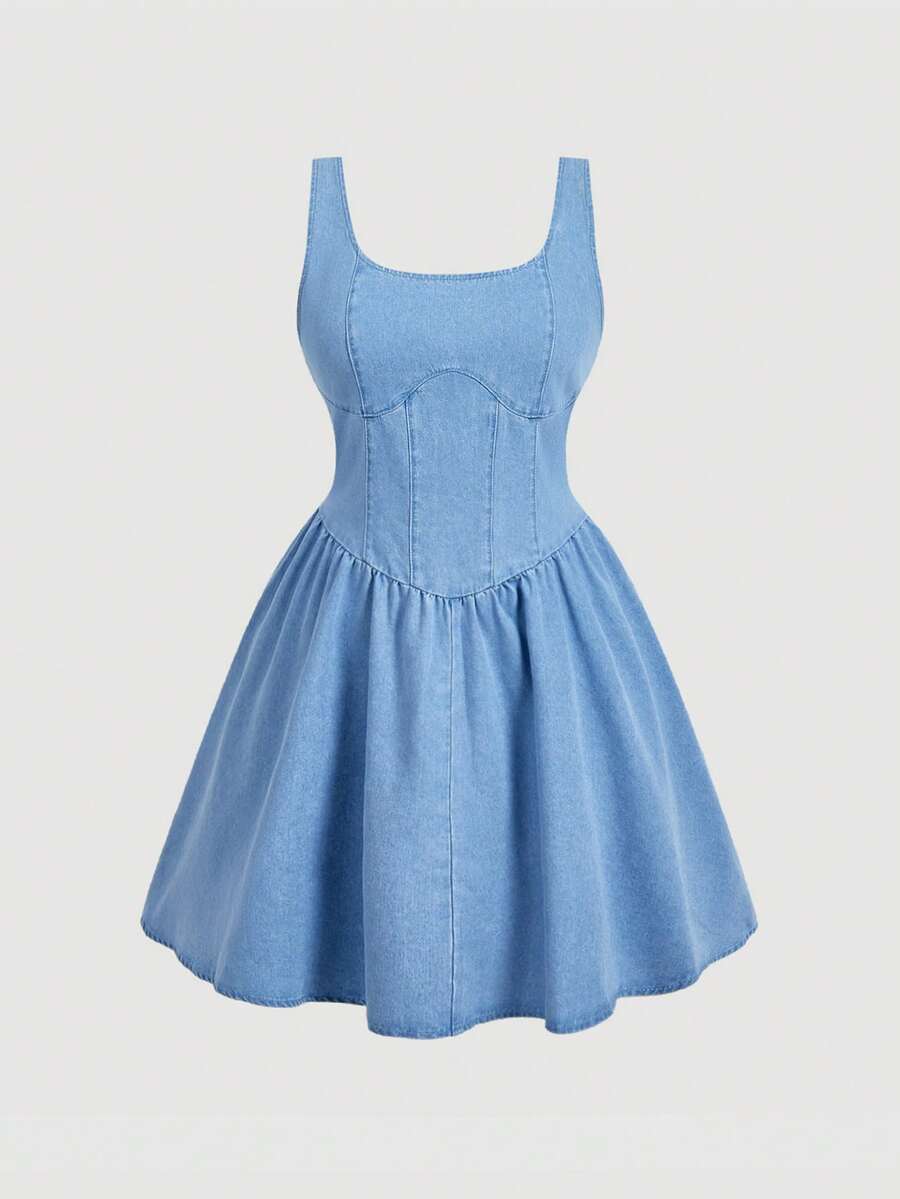 Sweetra Đầm ngắn denim nữ, đầm xanh dương dáng suông cổ điển dây mảnh, cỡ lớn, thích hợp cho mùa xuân và hè. - Rửa nhẹ - Xem 1