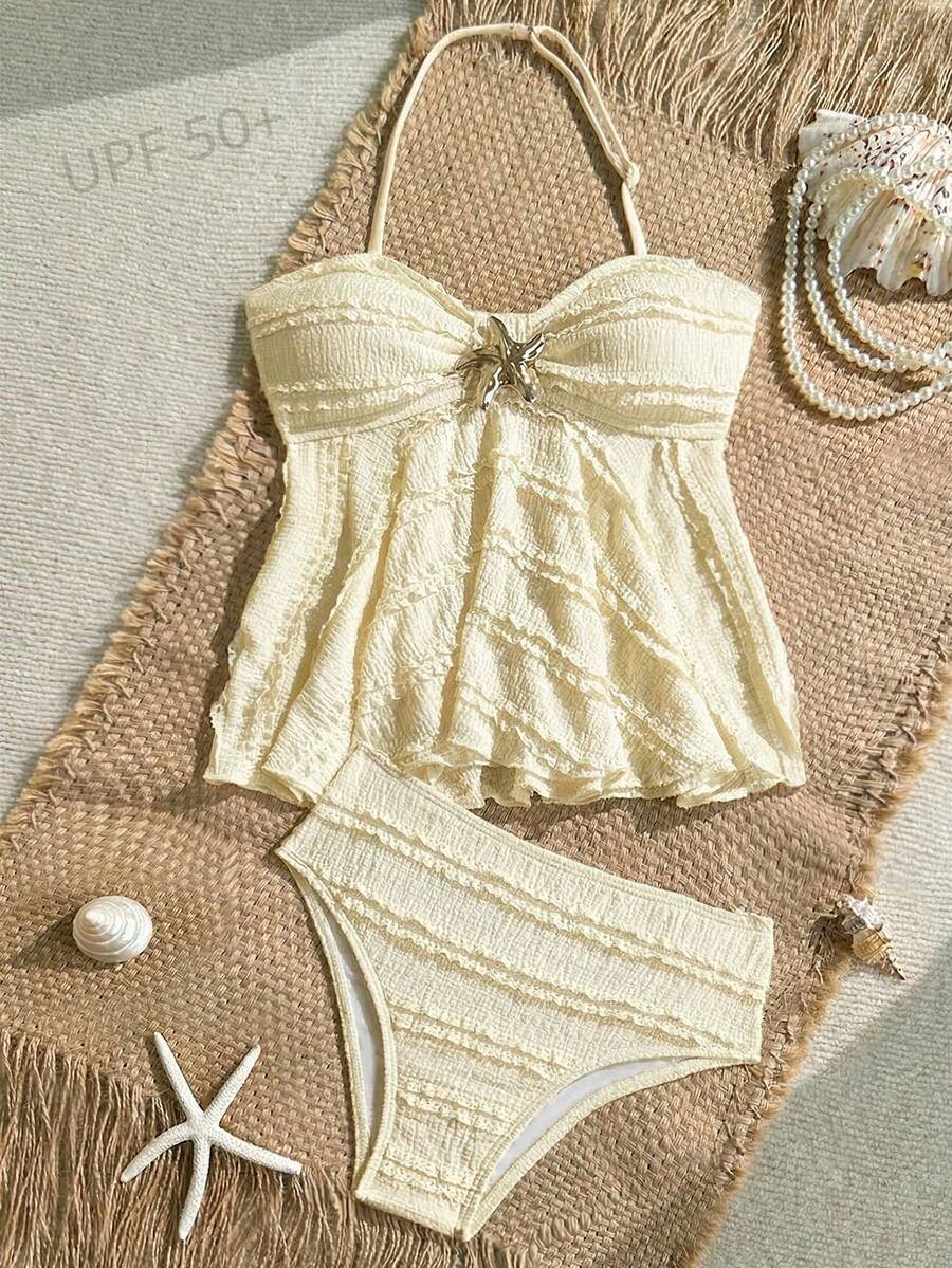 SHEIN Bộ đồ bơi 2 mảnh mùa hè cho bé gái, màu trơn, kiểu dây buộc cổ, trang trí kim loại, áo tankini và quần bikini tam giác, chất liệu nhăn, màu đào, họa tiết sao biển. - Màu vàng - Xem 1