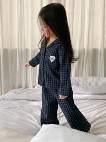 Dazy Kids Girls' Plaid Embroidered Long Sleeve Top And Pants Homewear Set, Young Girl Fall Clothes - Navy Blue - View 1