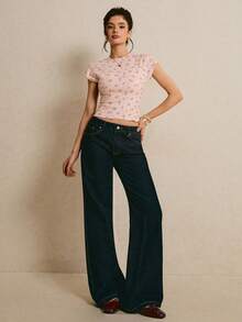 Poéselle 女士全印花休闲百搭日常穿着短袖T恤 - 粉色 - 查看 5