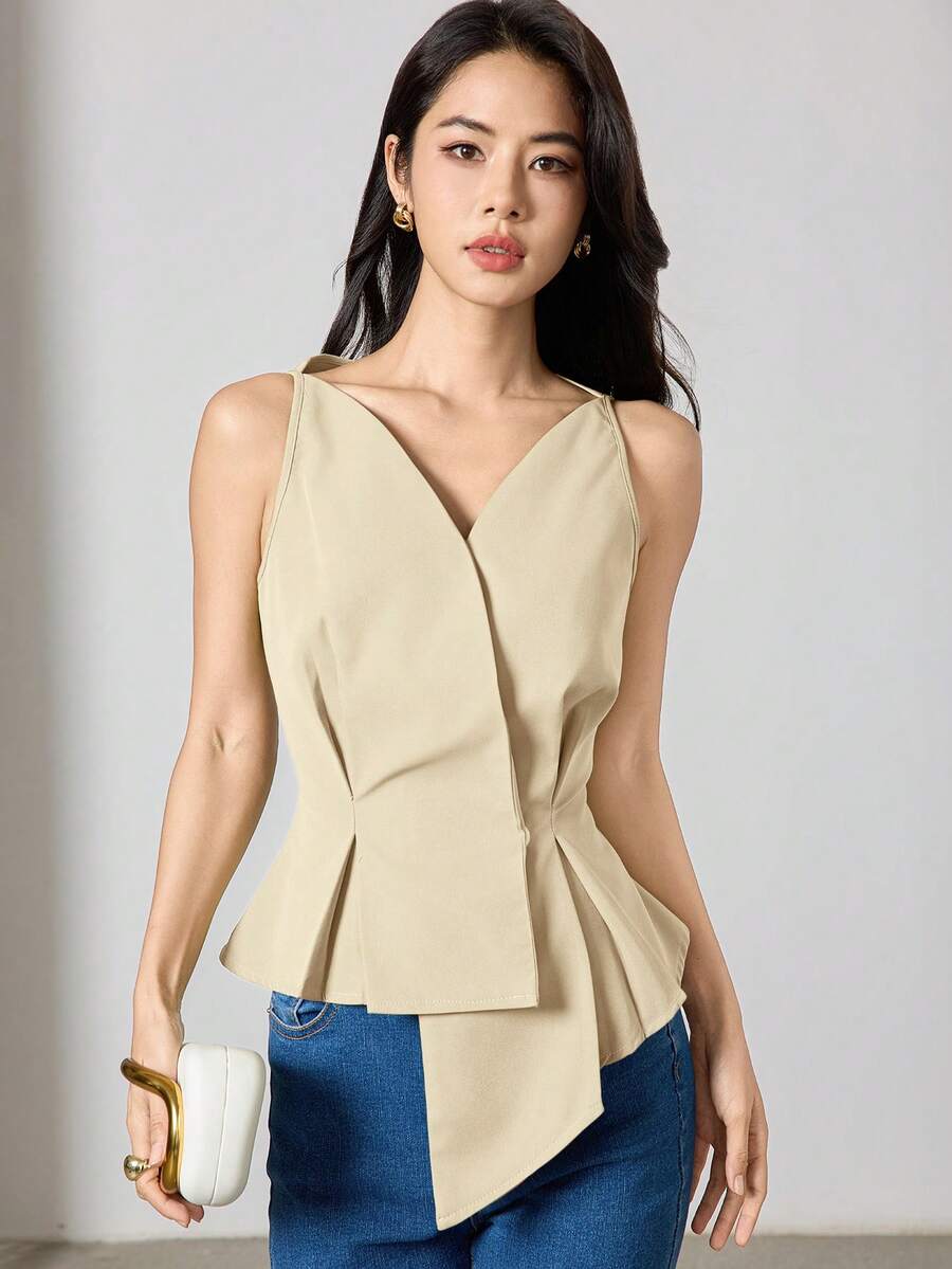 Heiryn Women's Solid Color Pleated Asymmetrical Hem Casual Versatile Daily Wear Shirt,Summer Top - Beige - View 1