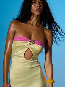 MUSERA 撞色花朵细节胸前镂空修身抹胸长裙，夏季性感外出海滩度假伊比沙岛俱乐部热带风情 - 淡黃色 - 查看 2