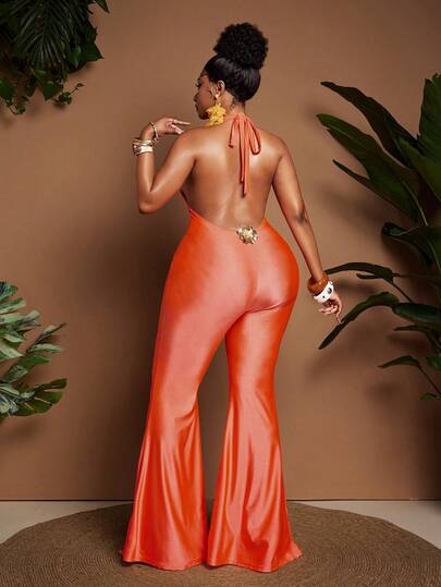 Maweii Plus Size Coral Orange Backless Sexy Halter Design Floral Decor High Waist Jumpsuit, Vacation Style