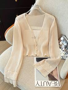 K-Vae Áo khoác cardigan mỏng nhẹ, tinh tế dành cho nữ, kiểu dáng ngắn cài khuy ngọc trai, thích hợp cho mùa hè. - Màu be - Xem 7