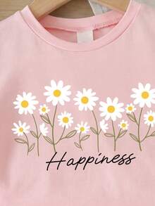 Bộ 2 món cho bé gái 4-7 tuổi: Áo thun ngắn tay in họa tiết hoa cúc và chữ "HAPPINESS" (Hạnh phúc) kèm quần short. Trang phục nhẹ nhàng, năng động và bắt mắt, phù hợp mặc hàng ngày, đi học, dự tiệc sinh nhật, dã ngoại, ngày thiếu nhi, mùa xuân/hè/thu. - Nhiều màu - Xem 5