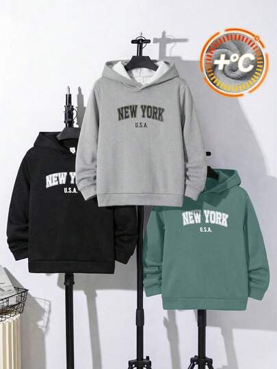 3pcs/Set Kids/Tween Boys' Casual Letter Print Sweatshirts, Colors: Black, Grey, Green, Seasons: Fall (10), Winter (5)