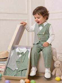 SHEIN 3件套男婴春夏时尚可爱绿色条纹撞色背心、白色衬衫和长裤套装，绅士装束，正式场合穿着，适合节日、婚礼、洗礼、迎婴派对、优雅场合、婚礼宾客、花童、戒指童、复活节等。 - 綠色 - 查看 8