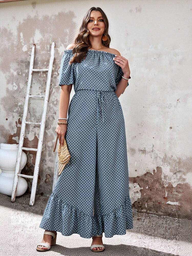 Plus Size Women's Summer Casual Vacation Country Blue Polka Dot Print Off Shoulder Drawstring Waist Ruffle Hem Jumpsuit With Pockets, Spring/Summer,Summer Holiday,Spring Break Outfits ,Vacation Outfits Women ,Holiday Outfits For Women,Going Out Outfits,2026 New Clothes,Simple And Fashionable For Everyday Wear,Suitable For Summer, Vacation, Commute, Daily Wear,Jumpsuit Wide-Leg Pants