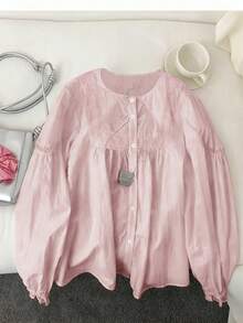 Resyla Women's White Long Sleeve Blouse With Lace Trim, Elegant Casual Vacation - Pink - View 1