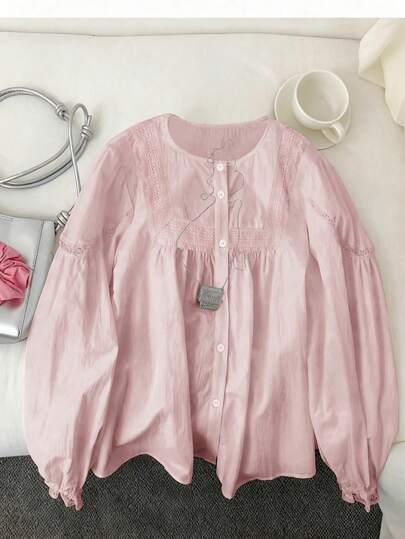 Resyla Women's White Long Sleeve Blouse With Lace Trim, Elegant Casual Vacation