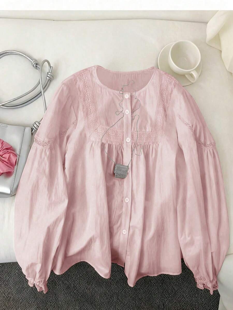 Resyla Women's White Long Sleeve Blouse With Lace Trim, Elegant Casual Vacation - Pink - View 1