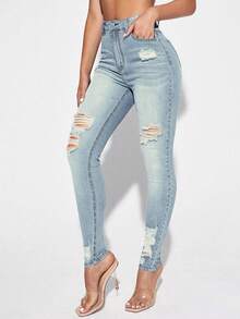SHEIN Tall Women's Casual Everyday Washed Distressed Skinny Jeans Jeans High Waist Jeans Ripped Jeans Distressed Jeans Cute Jeans - Light Wash - View 3