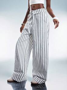 GENKIRA 欧美复古时尚休闲抽绳腰条纹裤 - 彩色 - 查看 4