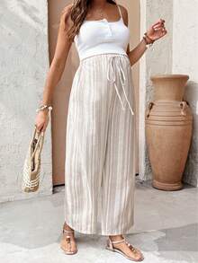 SHEIN Maternity Casual Striped Adjustable Waist Straight Leg Pants - Khaki - View 3