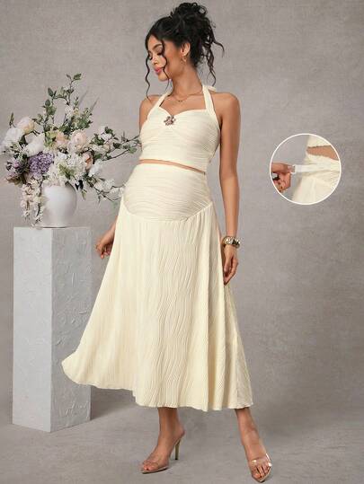 Momance 2pcs Maternity Set: Spaghetti Strap Bowknot Decor Top, Adjustable Elastic Waist A-Line Skirt, Knitted Jacquard
