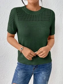 EMERY ROSE Women's Round-Neck Solid Color Short-Sleeved Knitted Top For Summer For New Year Clothes - Dark Green - View 6