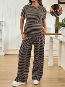 SHEIN 2pcs Maternity Casual Striped Print Short Sleeve T-Shirt And Adjustable Waist Wide Leg Pants Set, Suitable For Spring, Summer And Autumn - Coffee Brown - View 3