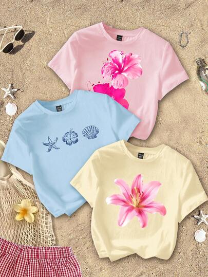 Attitoon 3pcs/Set Casual Minimalist "Chill Vacation" Tropical Hibiscus, Frangipani, Starfish & Seashell Beach Themed Round Neck Short Sleeve Cropped Tee, Suitable For Summer Vacation