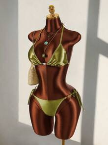 Amplova 女士泳衣套装，偏光闪亮三角系带串珠泳衣，可爱复古Y2K迷你套装，适合海滩度假 - 綠色 - 查看 3