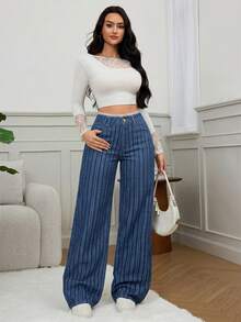 SHEIN Tall 冬季女式时尚通勤优雅蕾丝腰带拼接细节条纹阔腿黑色牛仔裤 - 中等水洗藍 - 查看 2