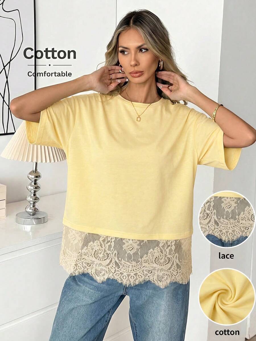 Easowa Áo thun nữ tay ngắn màu đen, cổ tròn, viền ren, dáng rộng. - Màu vàng ngỗng - Xem 1