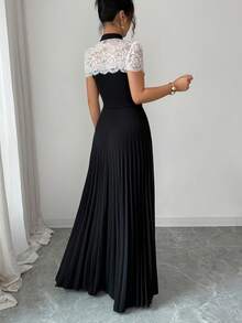 Elenzga Women's Elegant Lace Patchwork Mandarin Collar A-Line Pleated Dress - Black and White - View 2