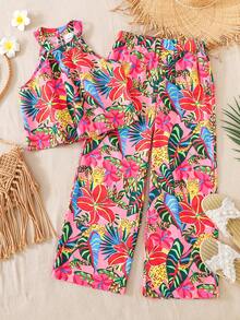 Sparklyn Setelan 2 Potong untuk Liburan Pantai Anak Perempuan: Atasan Halter + Celana Pendek Longgar Motif Bunga - MultiWarna - View 6