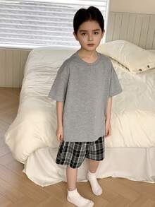 DAZY Tween Boy Solid Color Crew Neck Short Sleeve Top And Plaid Shorts Pajama Set Summer - Grey - View 3