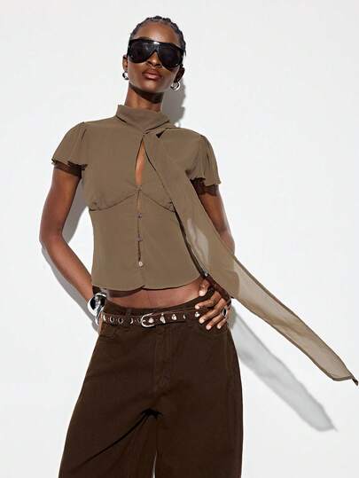 GENKIRA Cardigan corto sexy con fiocco in vita, stile americano monopetto