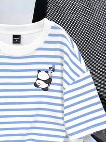 Manfinity Joysei 男士卡通熊猫条纹印花圆领短袖休闲T恤 - 彩色 - 查看 5