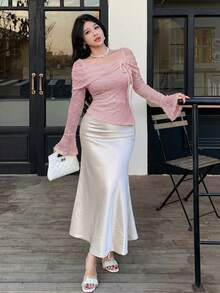 Feyla Women's Elegant Foldover Square Neck Flare Sleeve Asymmetrical Hem Fitted T-Shirt Swiss Dot Spring Summer Top - Dusty Pink - View 5