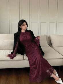 Feyla Vestido casual largo de unicolor con adorno de encaje para mujer, vestidos de noche largos - Rojo violeta - Ver 5
