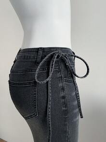 Elamini 女士侧系腰带口袋喇叭裤休闲牛仔裤 - 灰色 - 查看 4