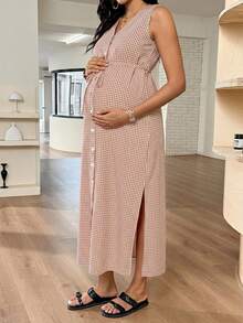 SHEIN 孕妇格子简约休闲无袖连衣裙 - 卡其色 - 查看 6