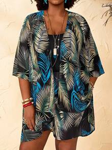 EMERY ROSE Ensemble 2 pièces grande taille pour femmes, veste kimono et short imprimé feuilles tropicales, printemps/été - Multicolore - Voir 1